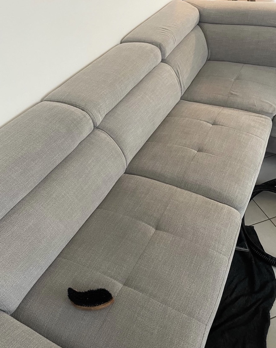 Le même canapé après nettoyage : tissu uniforme, sans auréoles